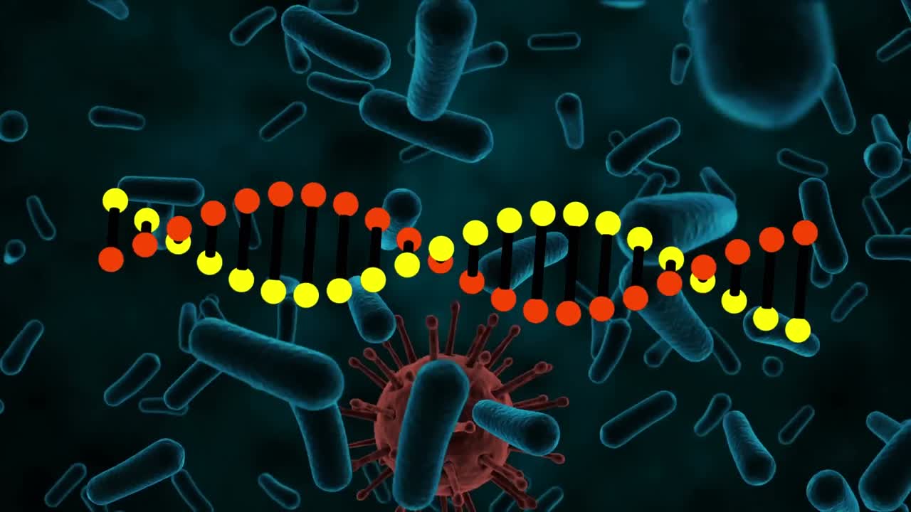 animazione del filo di dna che gira sulle cellule di covid 19 che galleggiano