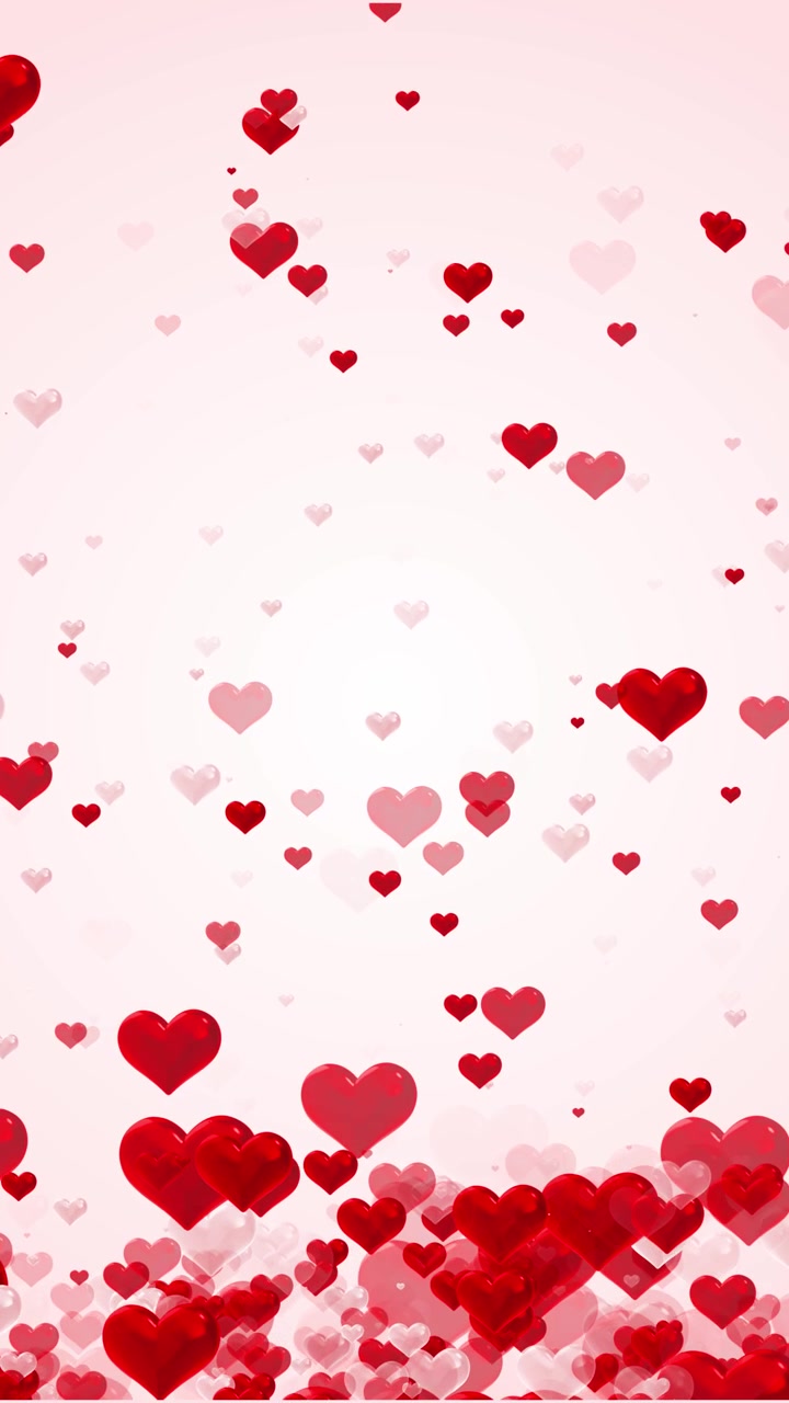 Sfondo animato con cuori di San Valentino delicati, forme d'amore rosse e rosa che fluttuano su una scena dai toni pastello chiari