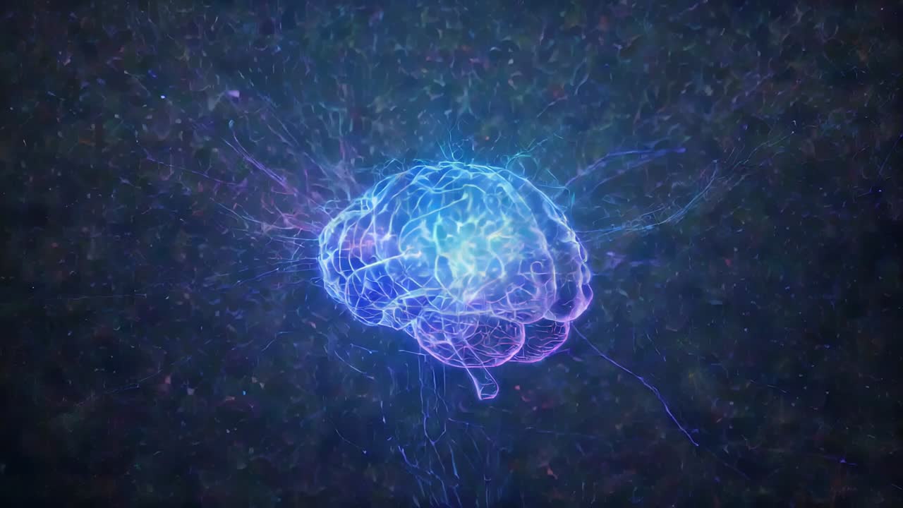 Forming wireframe brain hologram pulsing nucleus tracing paths splitting halves in particle field