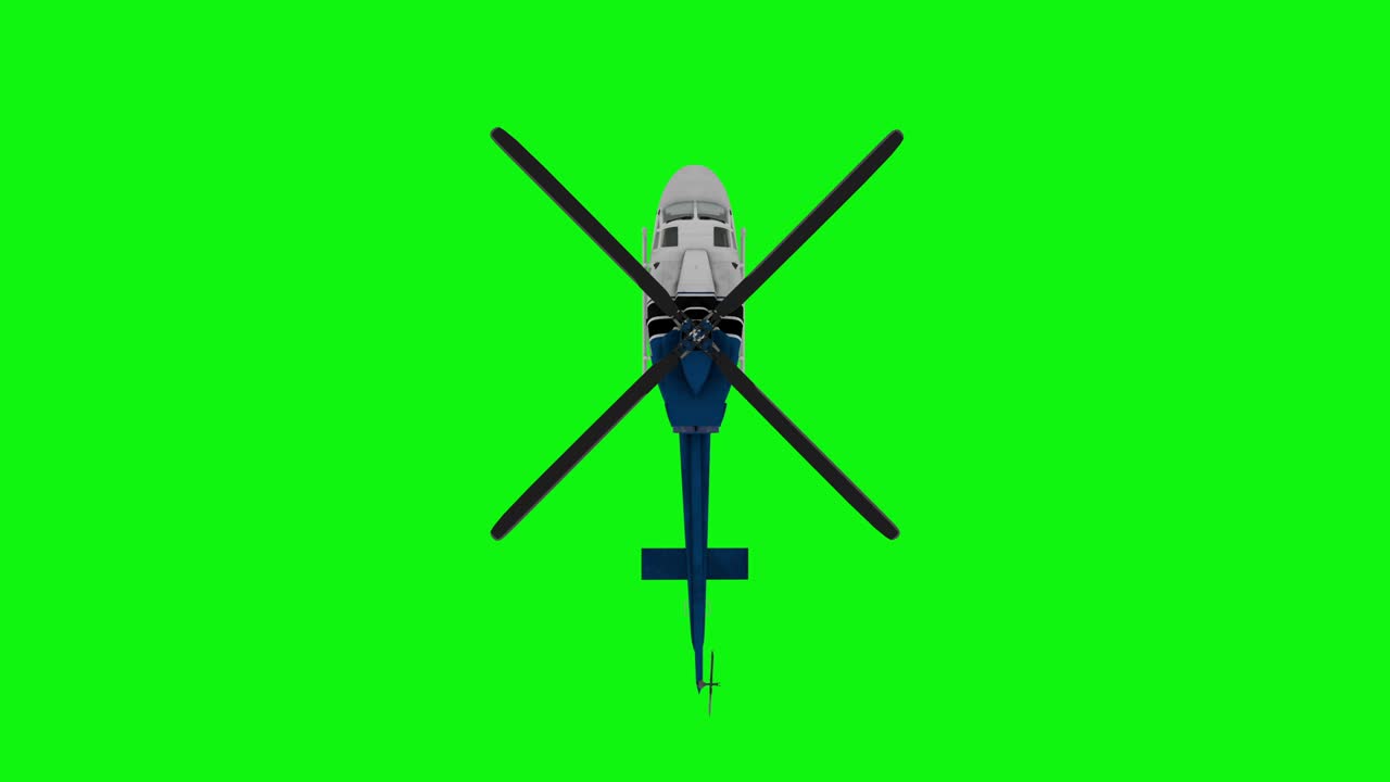 Realistic helicopter flying animation. Top view. Green screen 4k footage