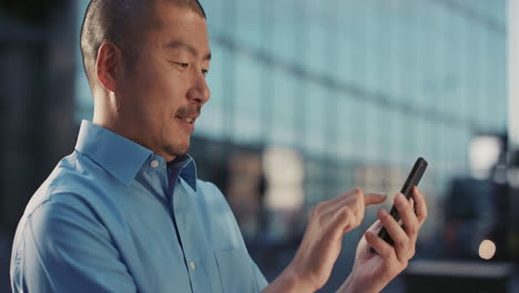 Retrato-En-Cámara-Lenta-De-Un-Hombre-De-Negocios-Japonés-Usando-Un-Teléfono-Inteligente