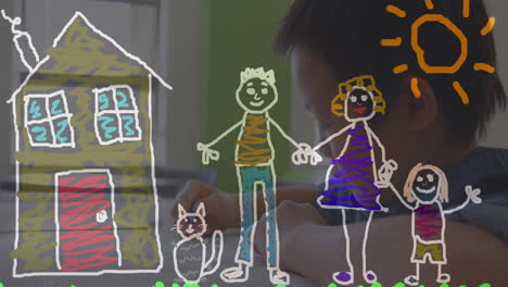 animation of hand drawn family over schoolboy learning in classroom