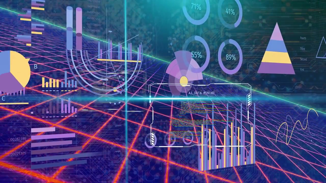 HUD animating over neon grid, cyan sweep starting, scanner rotating, charts updating for live data