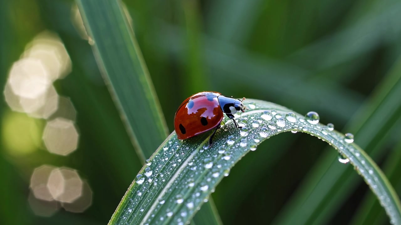 Coccinella che striscia su un filo d'erba verde rugiadoso