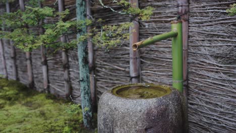 lavabo de purificación de manos temizu en el jardín japonés, escena en cámara lenta