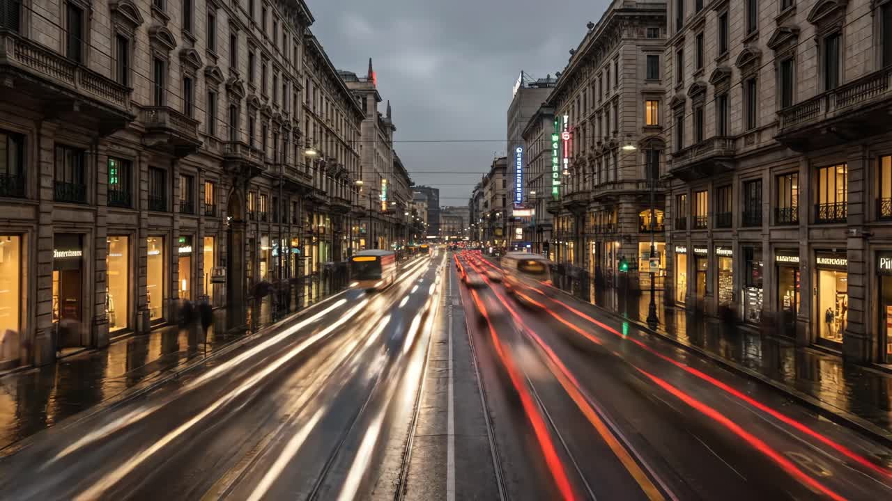 Via trafficata al crepuscolo con scie luminose del traffico in movimento