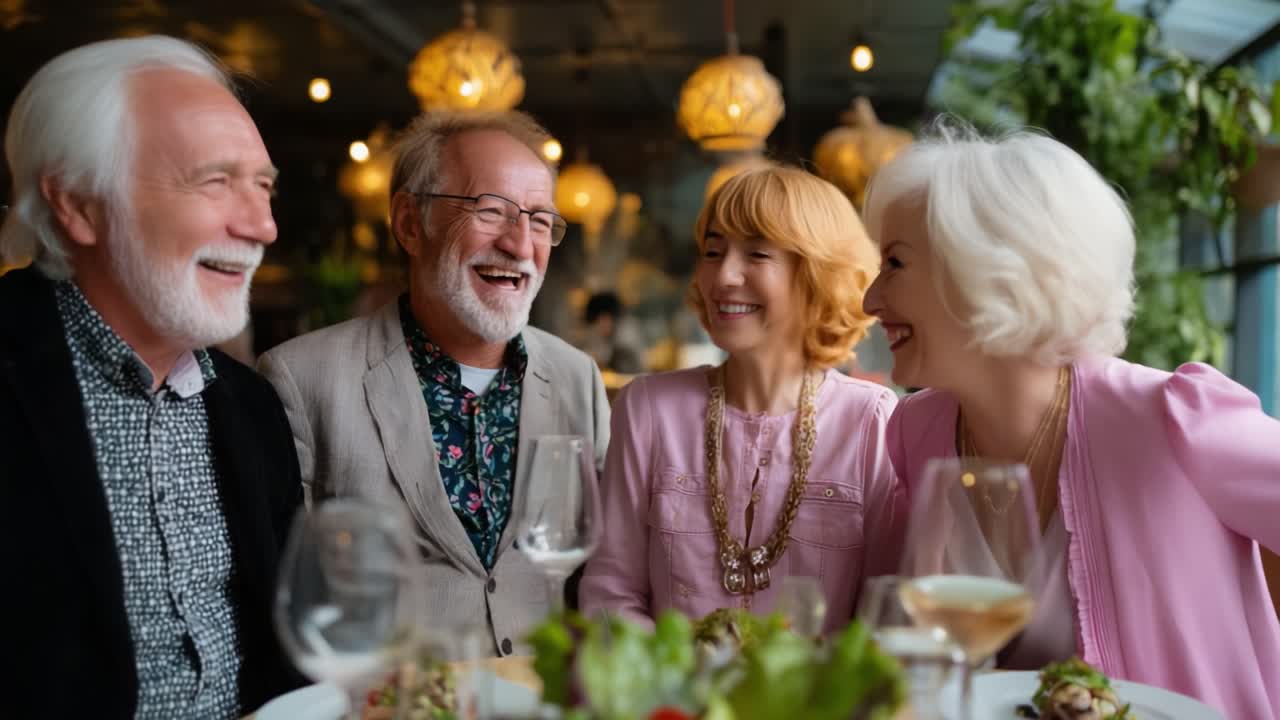 Cheerful Group of Mature Friends Enjoying a Delightful Meal Together at a Cozy Restaurant, Sharing Laughter and Good Company Amidst a Warm and Inviting Atmosphere Filled with Charming Decor