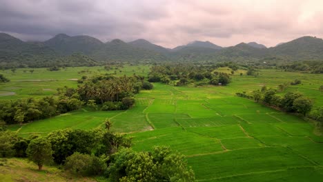 Epic-aerial-view-of-agriculture-land-with-mountain-range-at-the-background