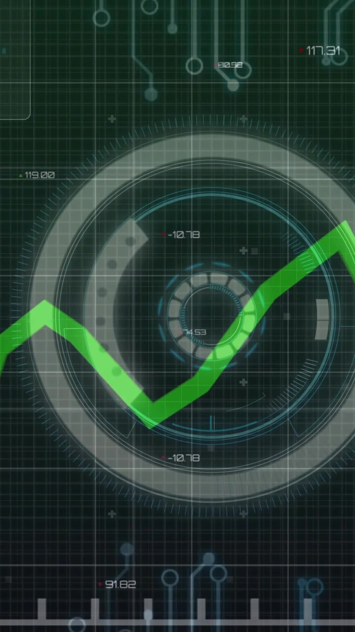 Center HUD pulsing while green data line entering lower-left crossing rings, updating tech numbers