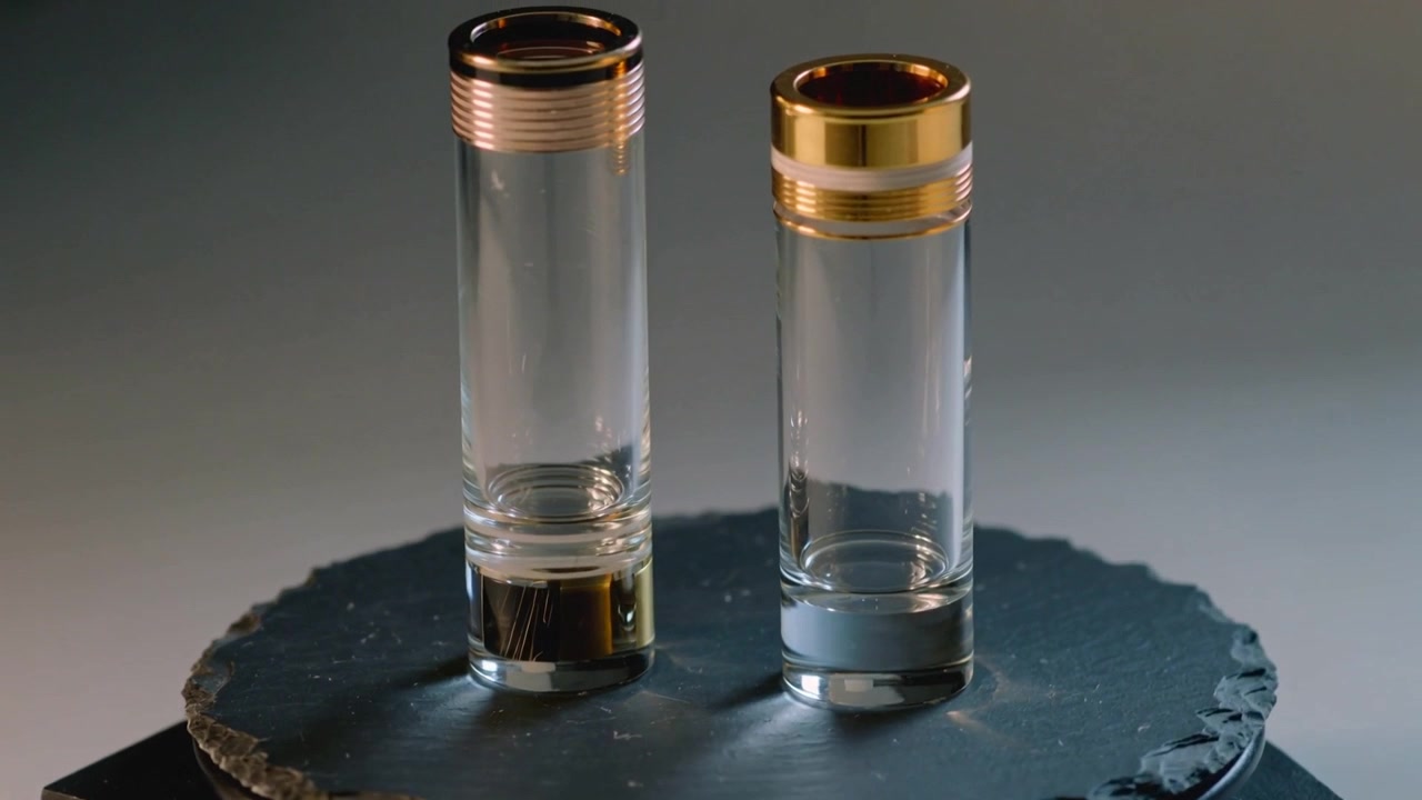 Zooming camera revealing two clear cylindrical containers on studio slate, showcasing metallic rims