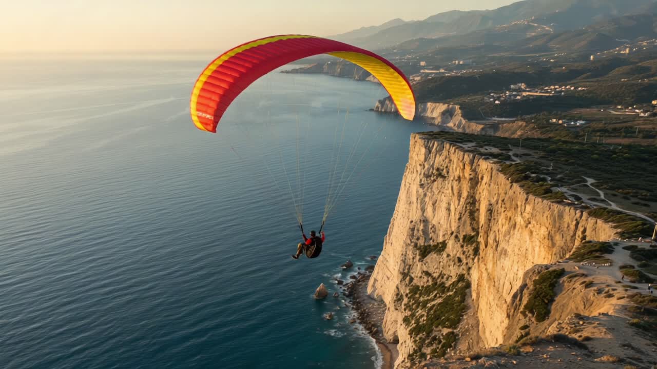 Spændende paraglidingeventyr over fantastiske kystklipper ved solnedgang: Oplev suset ved at flyve, mens du svæver over majestætiske landskaber og roligt vand