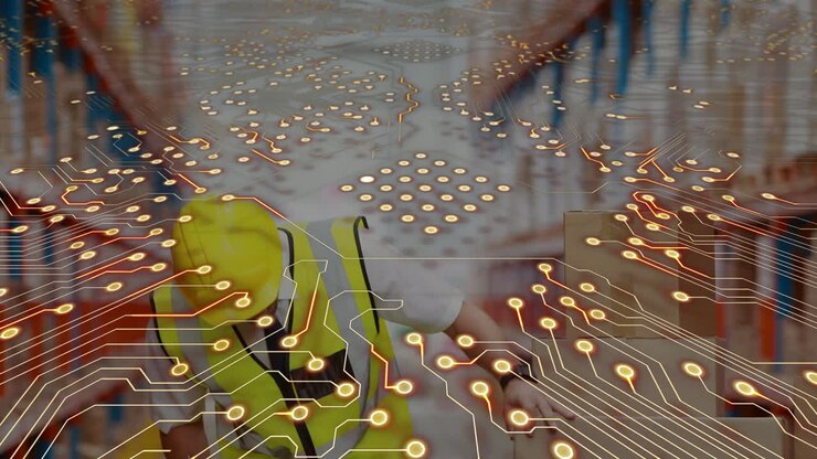 Animation of network of connections over caucasian male worker in warehouse