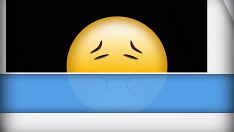 animation of sick emoji icon over moving blue and white shapes on black background