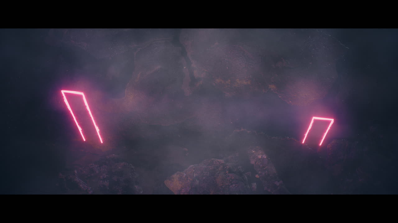 Rocky landscape with huge pink light portal structures