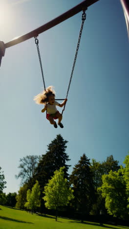 a child joyfully swinging high in the air at a park on a sunny day