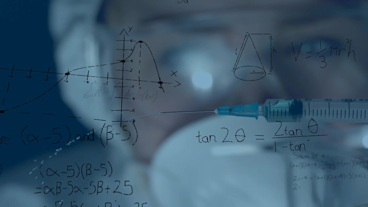 Animation of mathematical formulas over scientist in laboratory