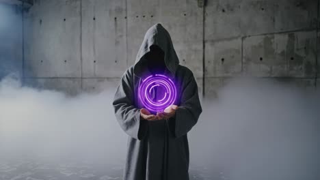 mysterious hooded figure holding a glowing purple orb