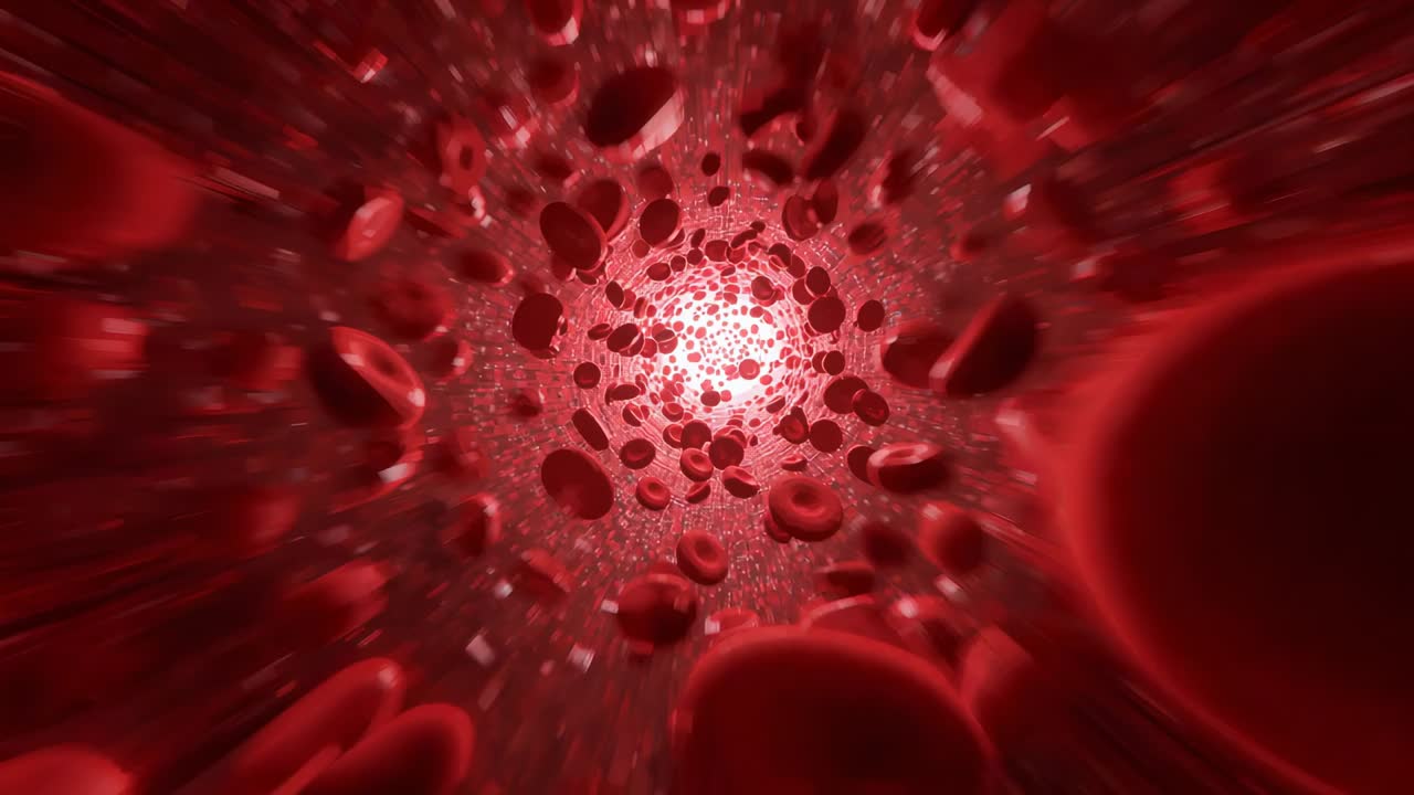 Advancing camera, red blood cells tumbling, rotating inside vessel lumen, approaching central glow