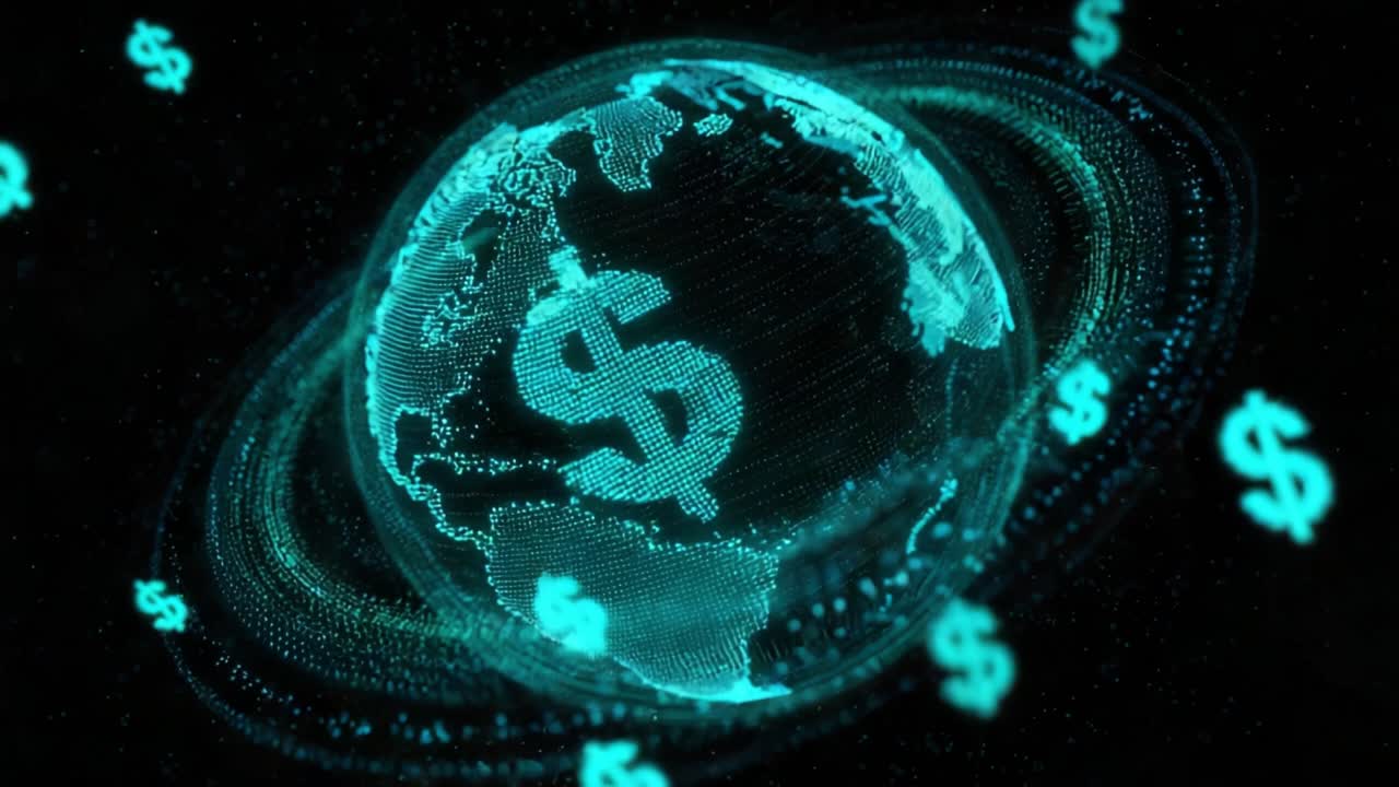 Motion graphic animation of a spinning digital earth with a dollar sign at its core, surrounded by flowing currency symbols, representing global finance, economy, and fintech technology
