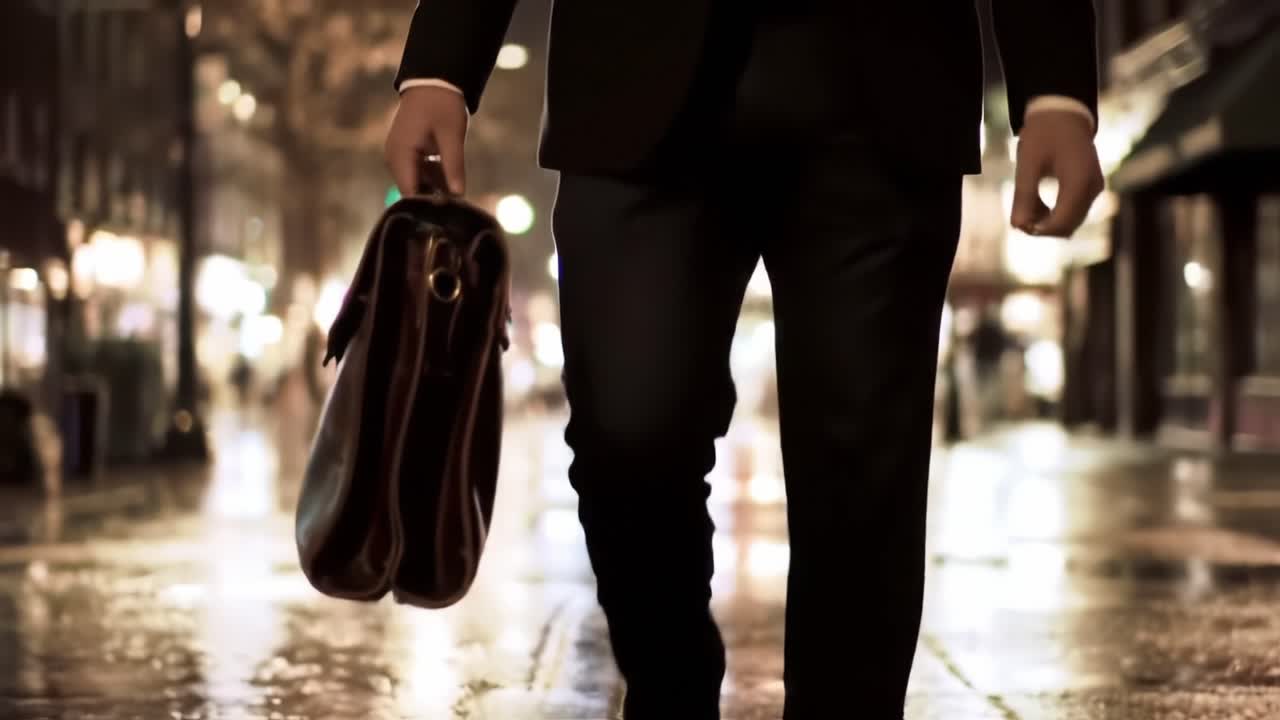 A Businessman Walking Through a Rain-soaked City Street at Night, Carrying a Briefcase, Embodying Determination and Professionalism in a Sophisticated Urban Setting