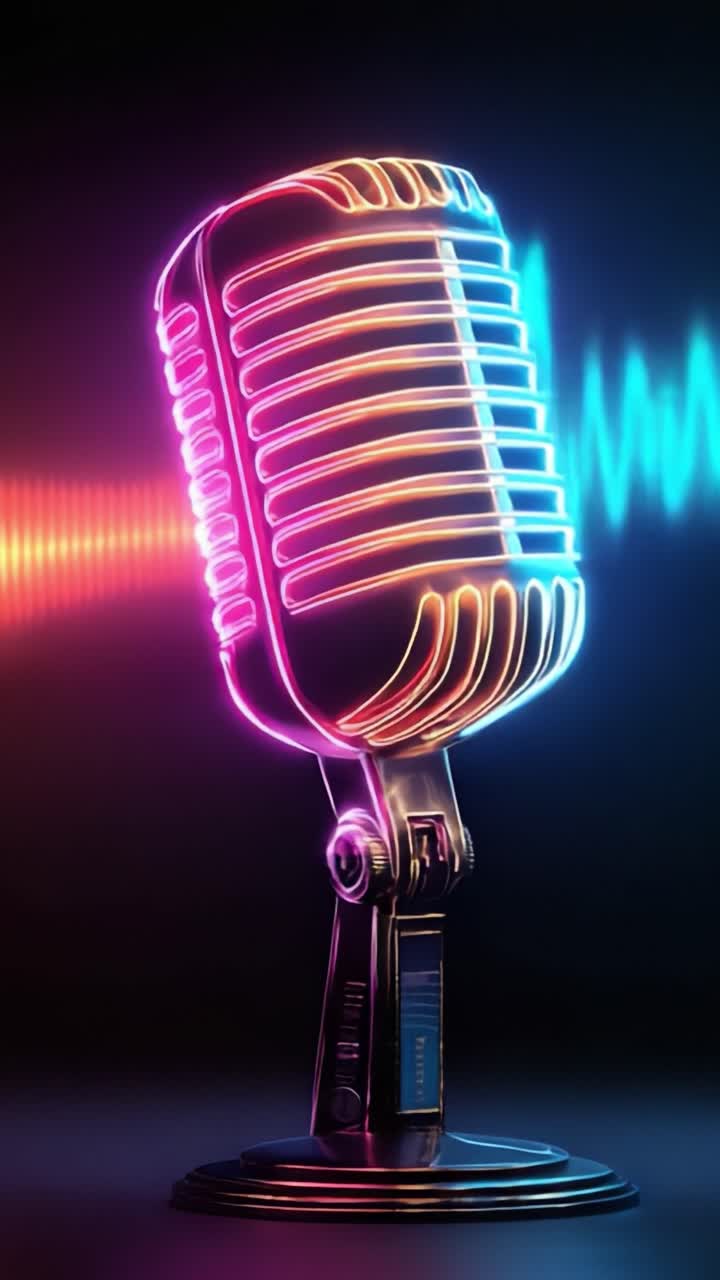 Un vibrante microfono al neon con onde sonore colorate, perfetto per catturare melodie e voci incantevoli in una dimostrazione artistica di luce e suono.