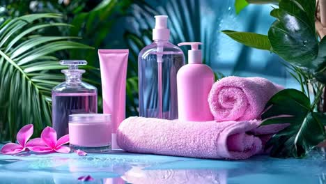 a pink towel, a pink towel and a pink flower on a blue table