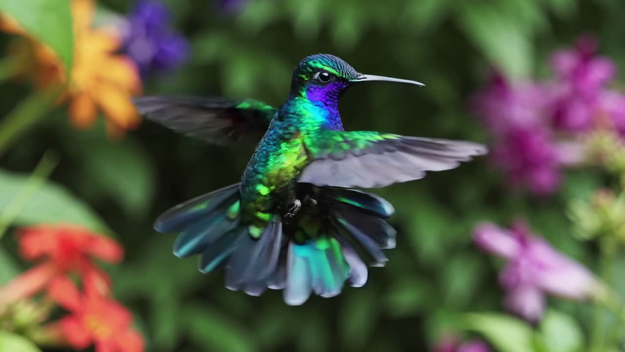 Emerald Hummingbird in Flight Among Flowers