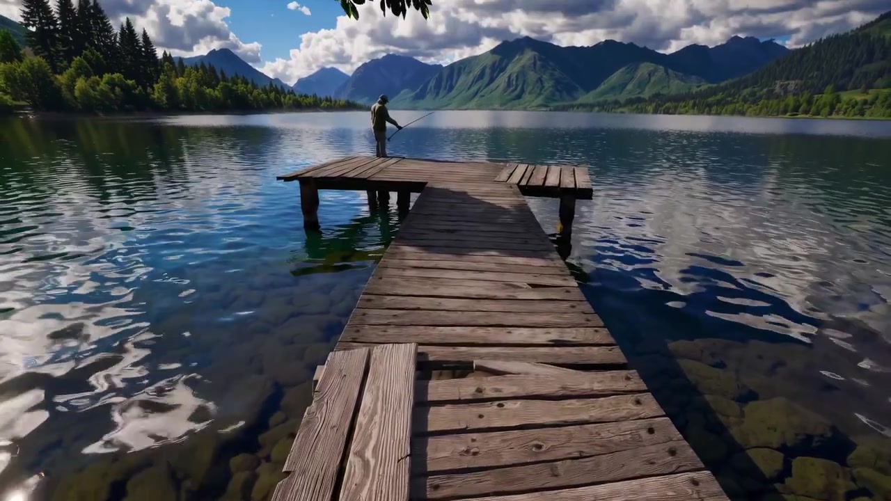 Pemancing di Dermaga Kayu di Danau Gunung yang Tenang