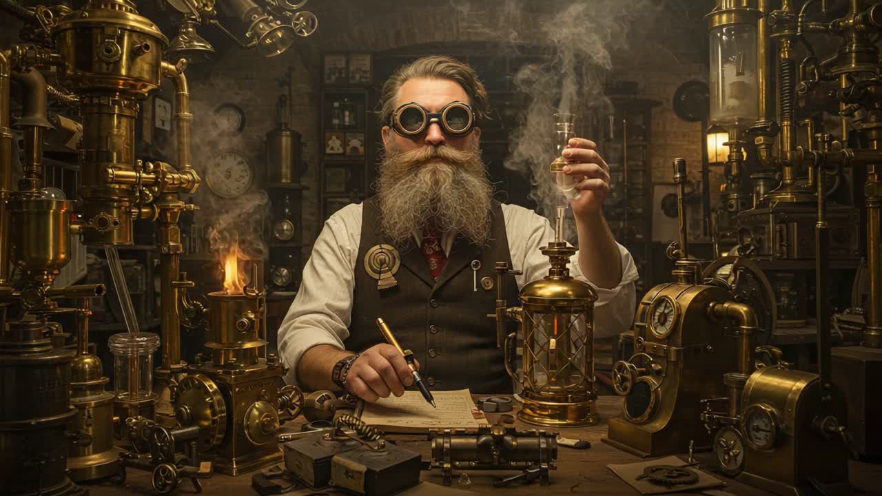 A Mysterious Alchemist in a Steampunk Laboratory Surrounded by Intricate Machines, Engaging in an Experiment with Smoke and Gears, Capturing the Essence of Creativity and Innovation