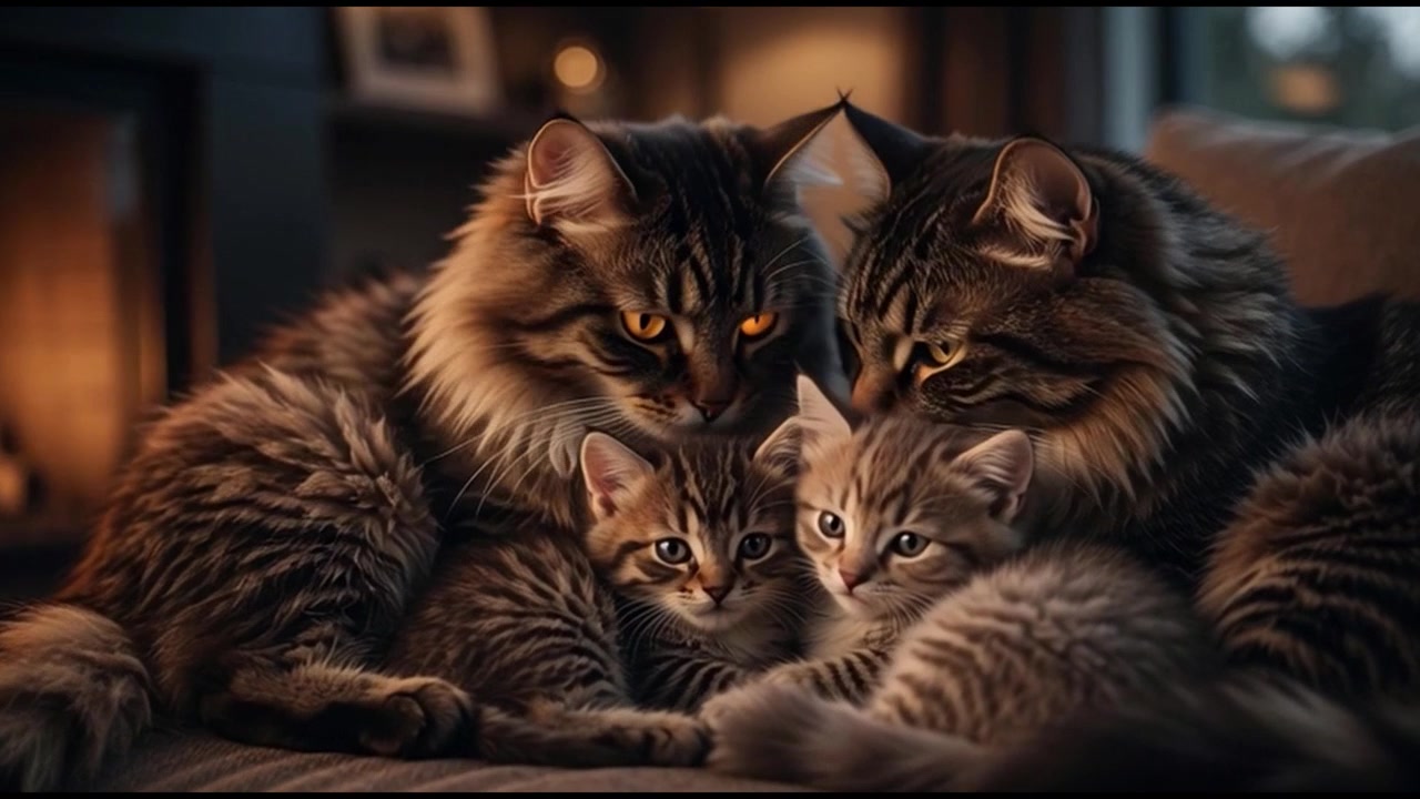 Famiglia di gatti Maine Coon che riposano insieme accanto a un caminetto