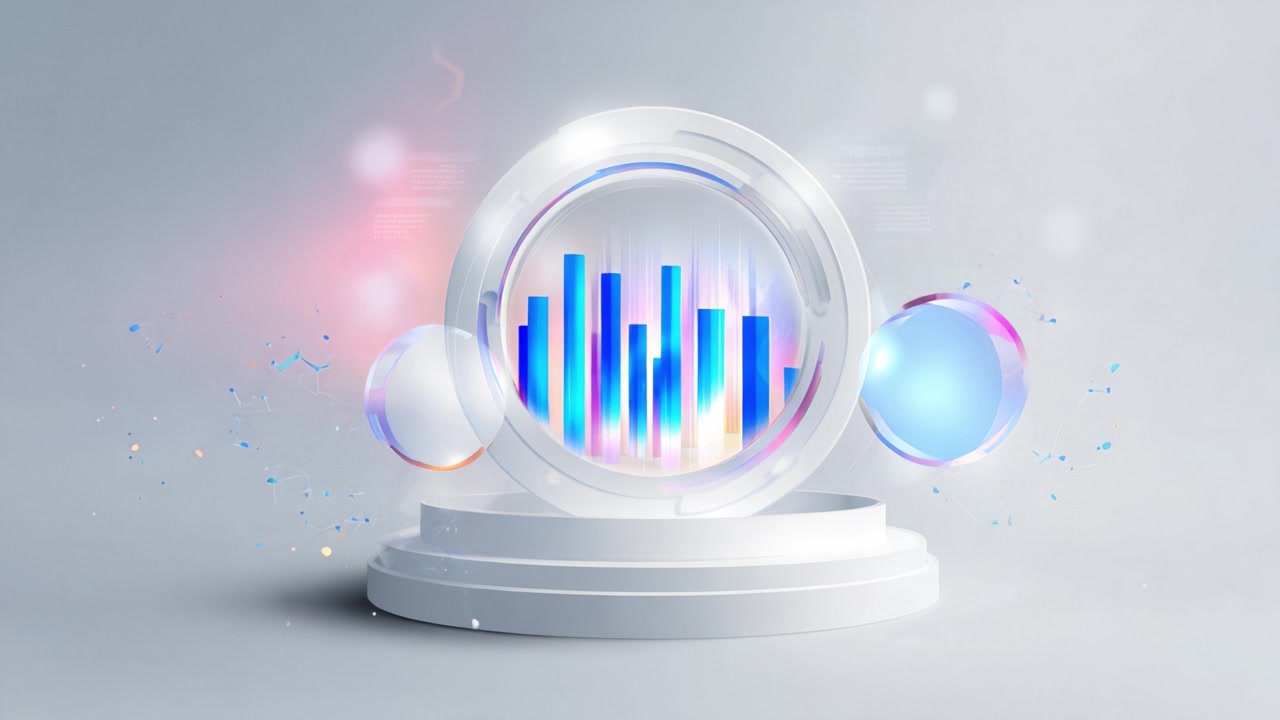 Dynamisk datavisualisering med farverige søjlediagrammer på en elegant displayplatform, der fremhæver trends og analyser inden for moderne designæstetik