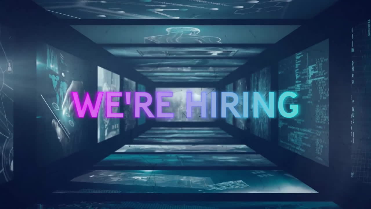 Animation of we're hiring text and data processing over screens on black background