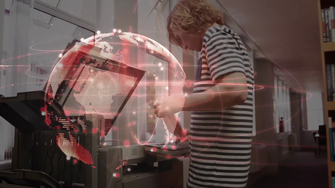 animación de la red de conexiones con el globo sobre el estudiante masculino utilizando la máquina de copiar