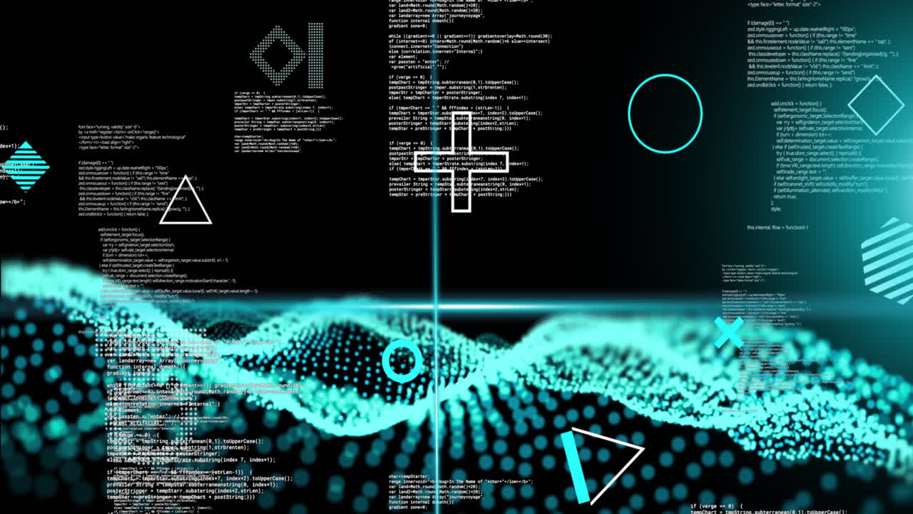 Animation of blue scanner beams, rotating shapes and network waves over data processing on black