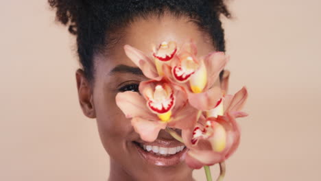 face, flowers and beauty skincare of black woman