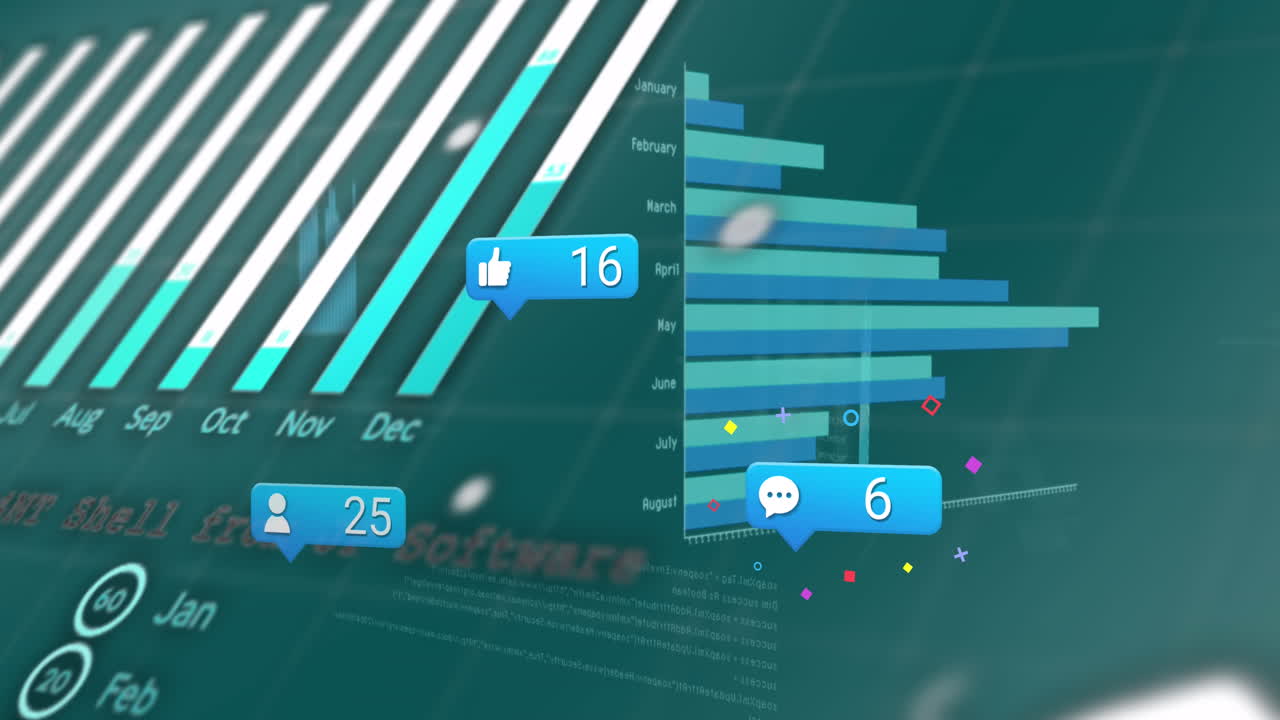 Animation of social media icons and statistical data processing against blue background