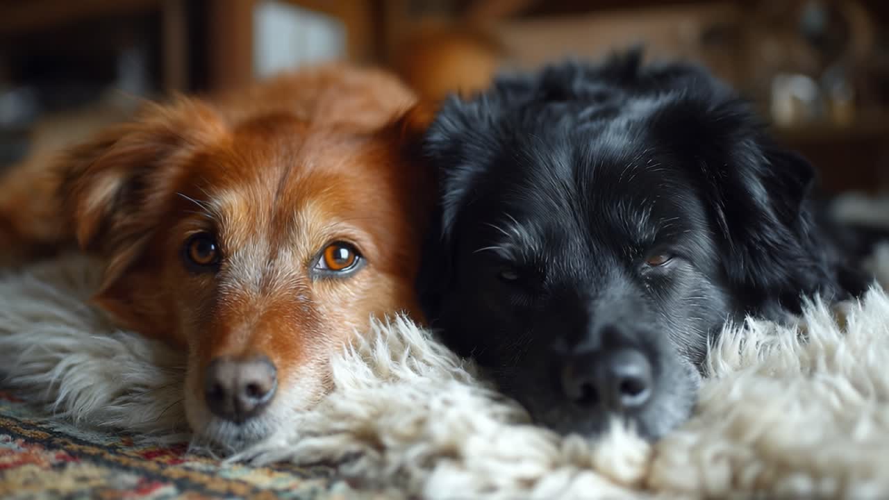 Two Adorable Dogs Relaxing Together on a Soft Rug, Luxuriously Resting Head to Head with Expressions of Comfort and Bonding in a Cozy Indoor Setting
