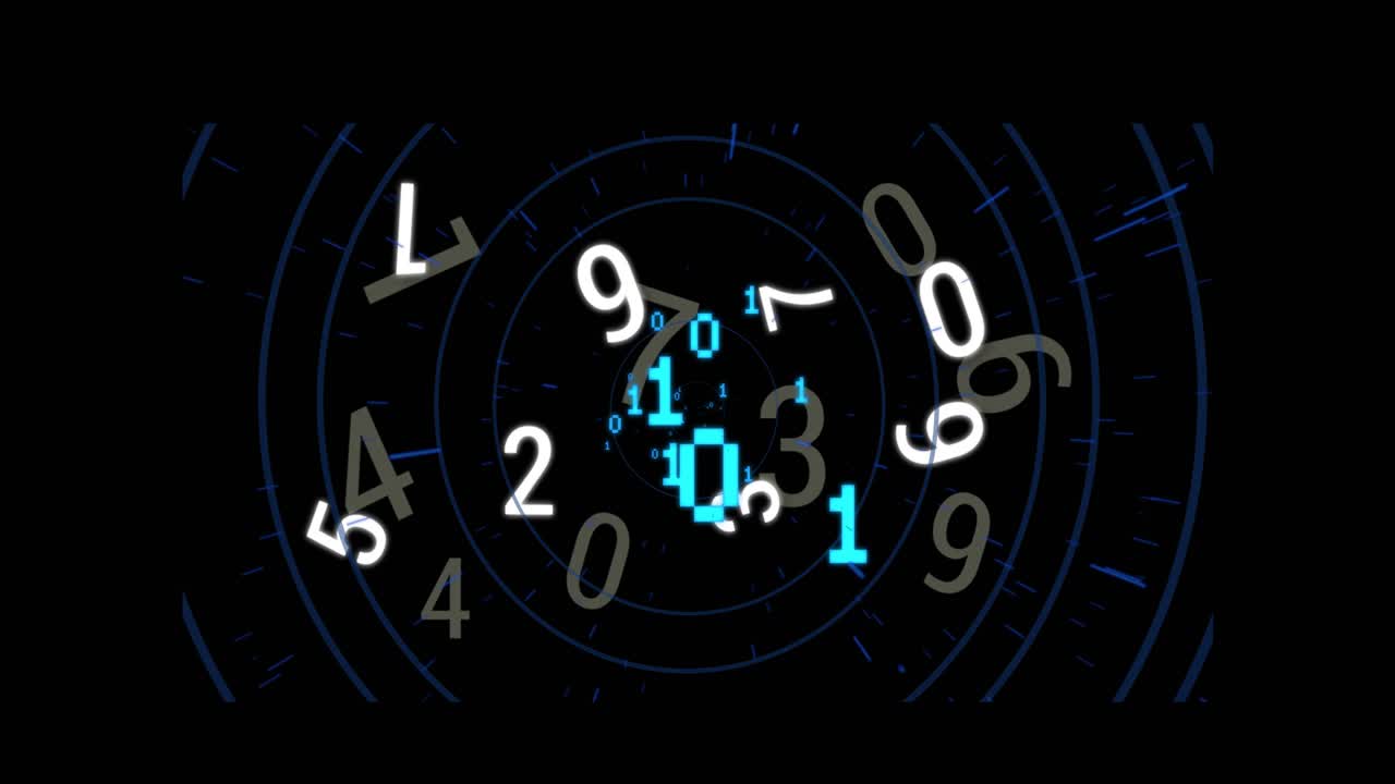 Binary digits flickering to expand core, decimals orbiting and fading outward revealing data flow