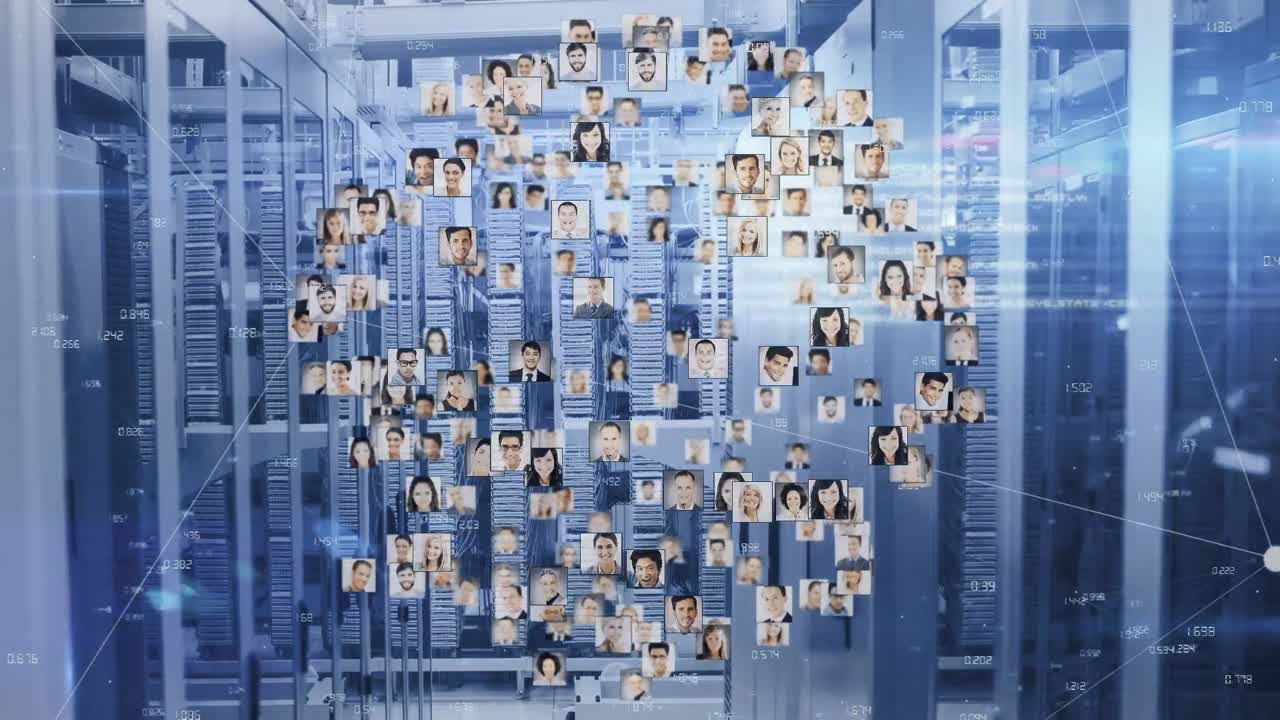 анимация различных портретов людей и обработка данных в серверной комнате