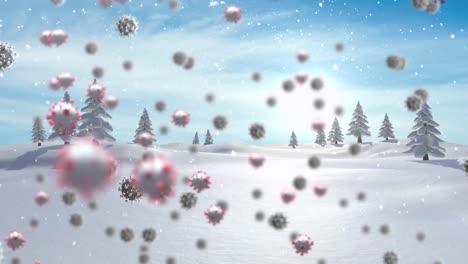 Animation-Von-Covid-19-Zellen,-Die-Sich-über-Eine-Winterlandschaft-Mit-Tannenbäumen-Und-Fallendem-Schnee-Bewegen