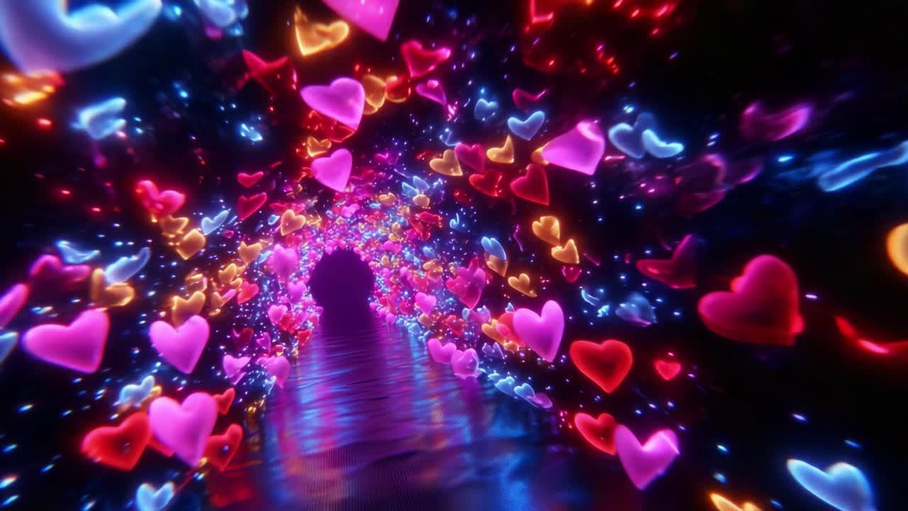 A mesmerizing tunnel of vibrant hearts illuminated with colorful lights, creating a breathtaking visual experience. The enchanting display showcases a blend of pink, blue, and red hearts, evoking feelings of love and joy