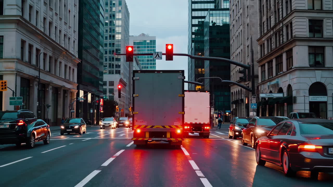 City Street Traffic at Dusk with Trucks