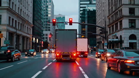 city street traffic at dusk with trucks