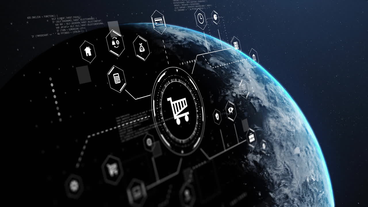 검은색 바탕에 전 세계의 비즈니스 아이콘과 연결된 네트워크의 애니메이션