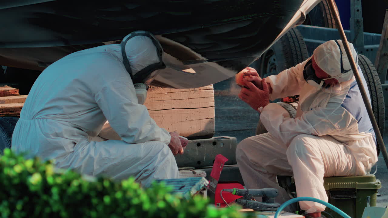 Cannes, France - October 11, 2025: Two workers wearing protective white suits and respirators sand and repair the hull of a boat in dry dock