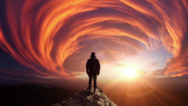 Hiker Standing on Mountain Peak Watching Dramatic Sunset