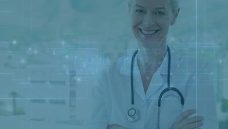 smiling healthcare professional with digital data overlay in medical setting