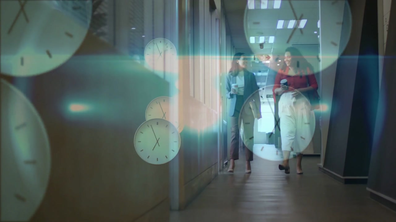 Two coworkers starting walk holding coffee, overlaying clocks and blue flare showing business time