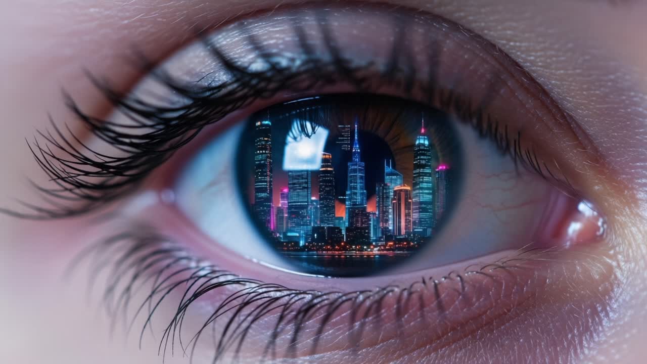 A Close-Up View of an Eye Reflecting a Vibrant Cityscape, Capturing the Intricacies of Urban Life and the Beauty of Nighttime Illumination in an Artistic Composition