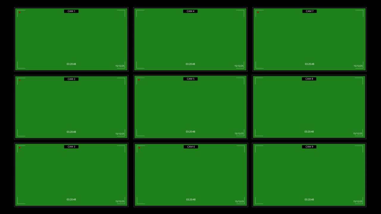 Cctv security screen layout visual with nine dark camera panels recording dots and clean